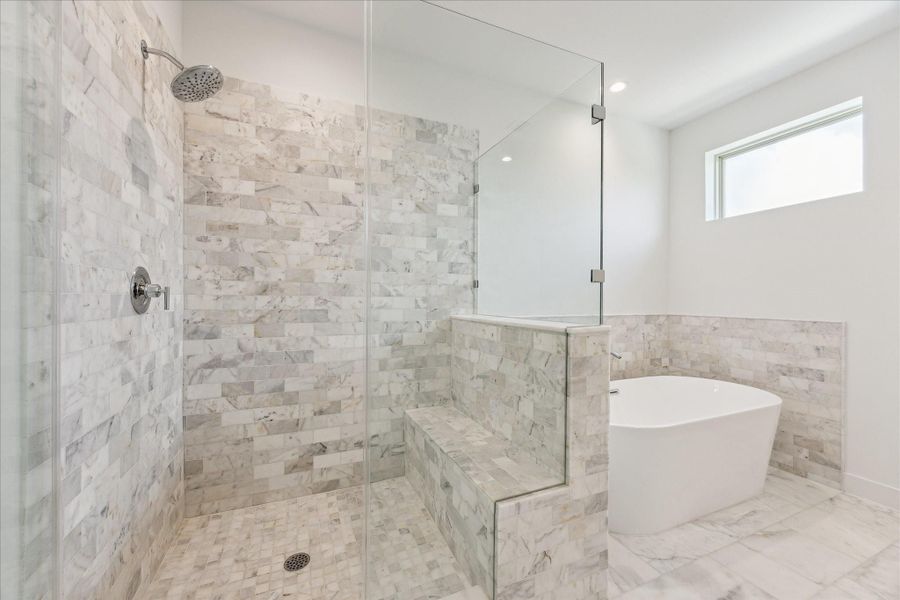 Separate Frameless Shower with Bench Seating * Marble Everywhere with Different Sizes and Shapes. Separate Frameless Shower with Bench Seating * Marble Everywhere with Different Sizes and Shapes.
