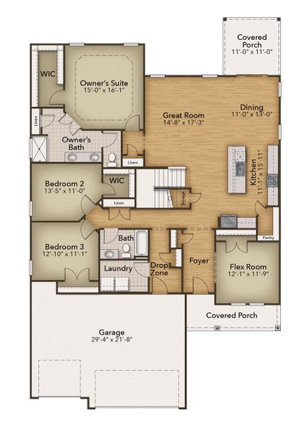 2D floor plan layout for the The Sandpiper by Chesapeake Homes in Bridgewater - Shorehaven Village, Little River, SC (Image 3).