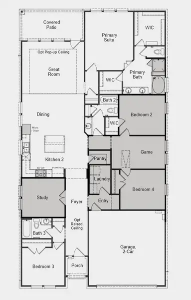 Additional highlights include: raised ceiling at foyer, pop up ceiling at gathering room, additional bedroom, study in place of flex room, game room, tub and shower at primary bath. Additional highlights include: raised ceiling at foyer, pop up ceiling at gathering room, additional bedroom, study in place of flex room, game room, tub and shower at primary bath.