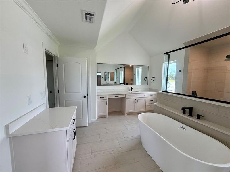 Spacious bathroom featuring a freestanding soaking tub, a large walk-in shower with clear glass enclosure, and an extended vanity with dual sinks and quartz countertops