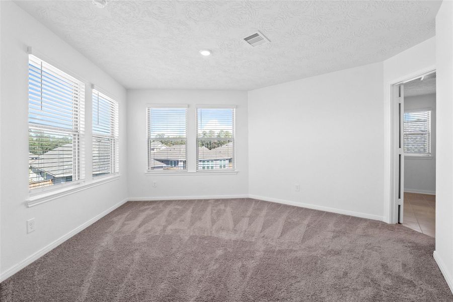 This spacious sitting room, just off the primary bedroom, is perfect for a reading nook, workout space, or a home office. It features large windows with privacy blinds, recessed lighting and carpet flooring!