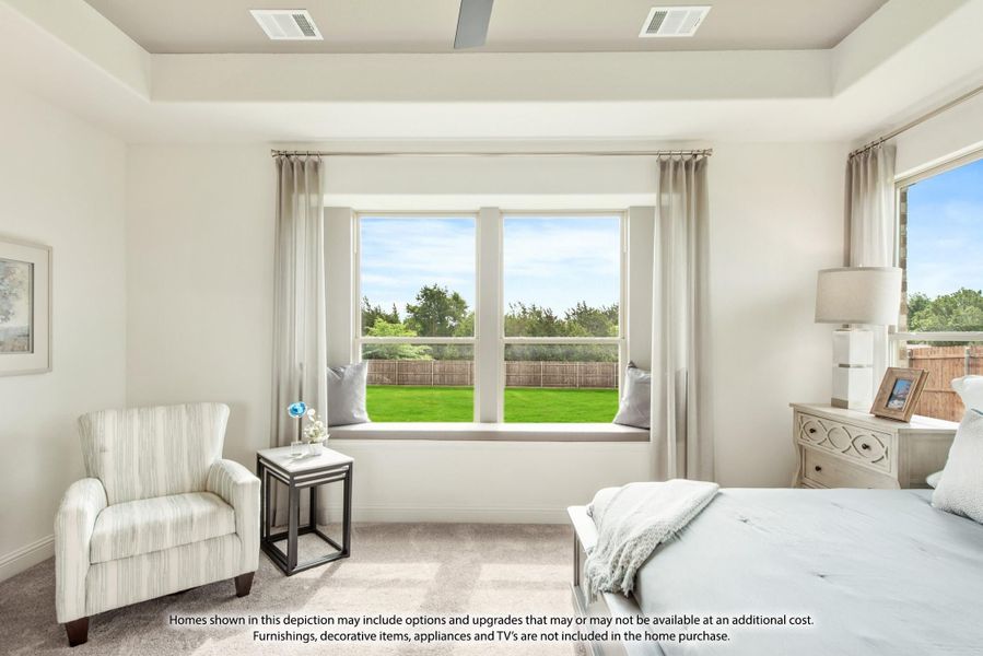 Bedroom with tray ceiling, window seat, carpet flooring, and backyard views through large windows
