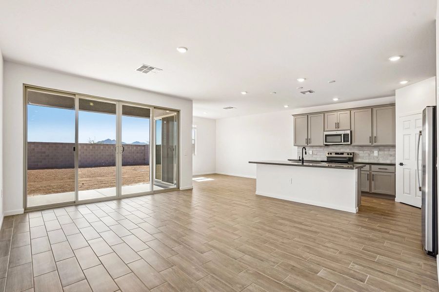 Great room, kitchen and dining Great room, kitchen and dining