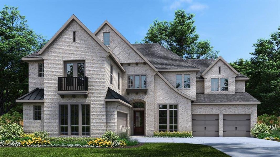 View of front of home featuring a balcony and a garage