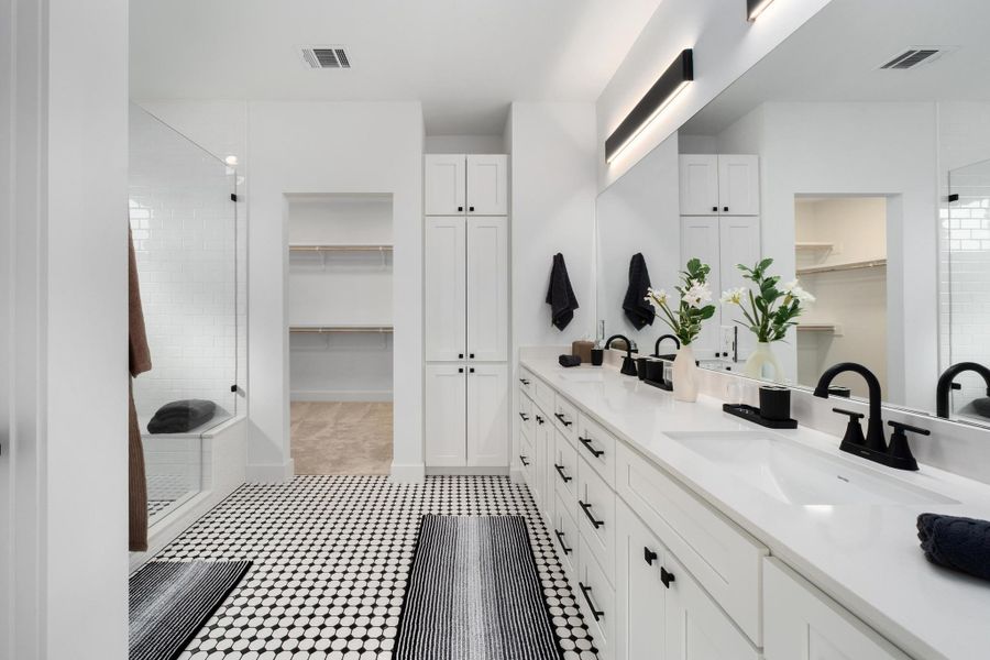 Full bathroom with a walk in closet, a shower stall, and double vanity