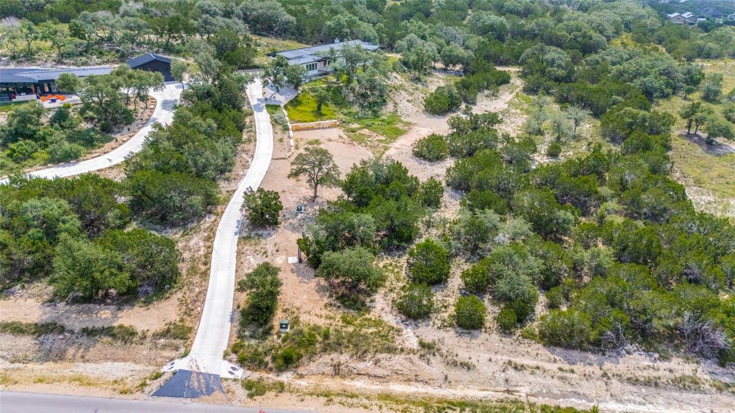 A modern residence with a striking dark roof nestled within a vibrant, verdant landscape, offering serene natural views.