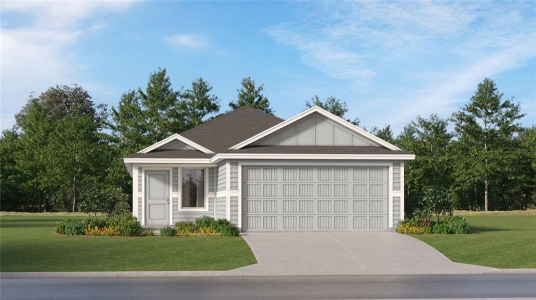 Ranch-style home featuring a garage and a front yard