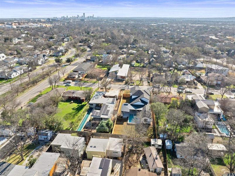 Overhead view with downtown in the near distance