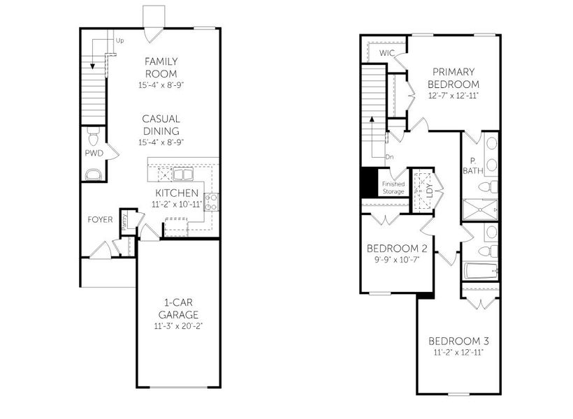 2D floor plan layout for the Woodford - Townhomes by Dream Finders Homes in The Townhomes at Gateway Commons, Holly Ridge, NC (Image 3). 2D floor plan layout for the Woodford - Townhomes by Dream Finders Homes in The Townhomes at Gateway Commons, Holly Ridge, NC (Image 3).