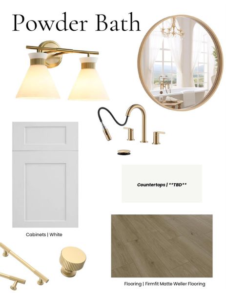 Planned powder bath finishes with coordinated cabinetry, quartz countertop, fixtures, mirror, lighting, and flooring.