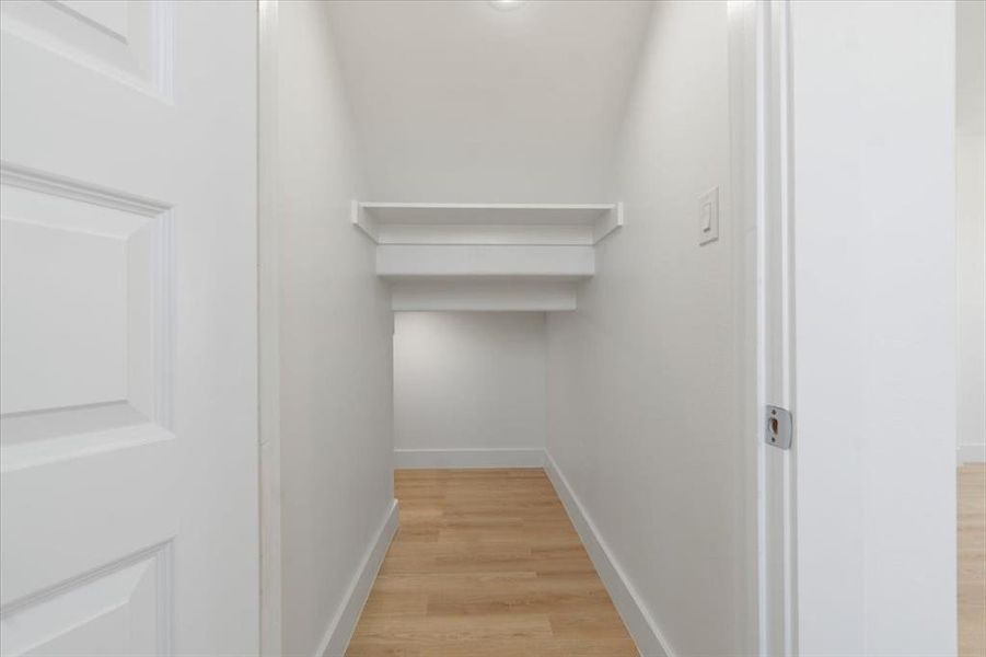 Spacious closet with light wood-style flooring