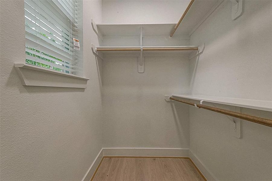 Walk-in closet with multiple built-in shelving, hanging racks, vinyl plank flooring and window with 2" faux blinds.