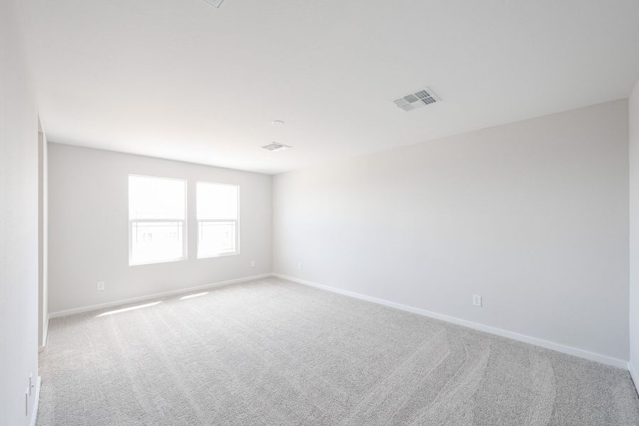 A room with a carpet and windows.