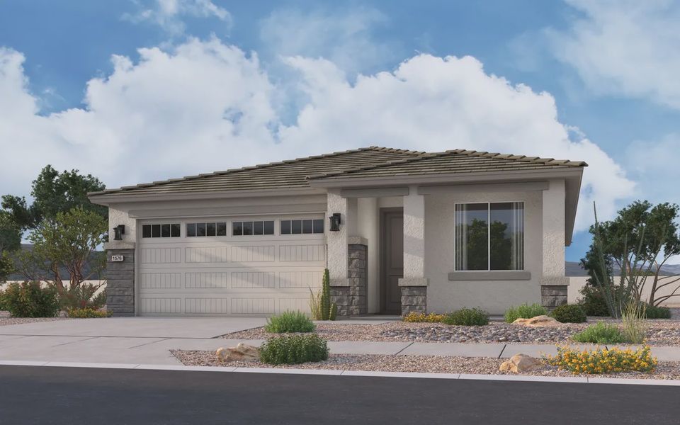 Front exterior of a new home in Camilo at Santana, Yuma, AZ, highlighting curb appeal (Image 20).
