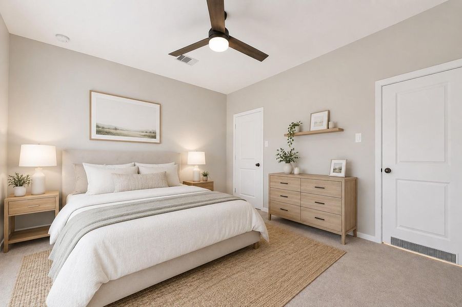 Guest suite bedroom, virtually staged to showcase a comfortable and inviting sleeping space with ceiling fan. Guest suite bedroom, virtually staged to showcase a comfortable and inviting sleeping space with ceiling fan.