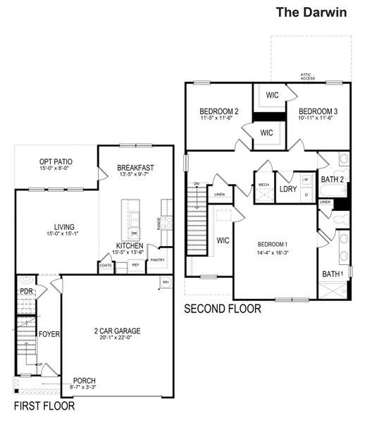 2D floor plan layout for the DARWIN by D.R. Horton in Oaks at Cedar Grove, Fairburn, GA (Image 3).