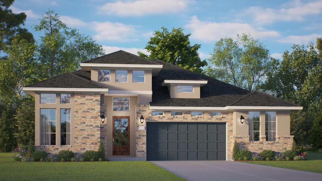 Front exterior of a new home in Meridiana, Manvel, TX, highlighting curb appeal (Image 20).