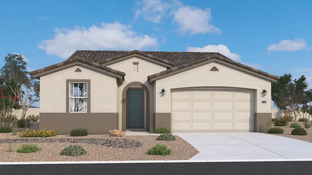 Spanish-style single-level Horseshoe exterior with warm stucco, arches and timeless desert character by DRB Homes in Arizona. Spanish-style single-level Horseshoe exterior with warm stucco, arches and timeless desert character by DRB Homes in Arizona.