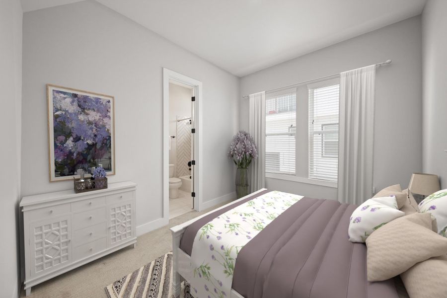 The third bedroom is located on the first floor and is ideal for guests, a roommate, or a quiet home office. It features plush carpeting, recessed lighting, and a private ensuite bath. This room has been virtually staged. The third bedroom is located on the first floor and is ideal for guests, a roommate, or a quiet home office. It features plush carpeting, recessed lighting, and a private ensuite bath. This room has been virtually staged.