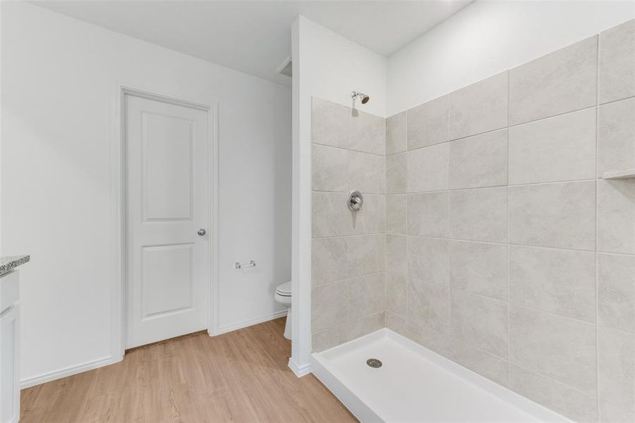 Bathroom featuring wood-type flooring, tiled shower, vanity, and toilet