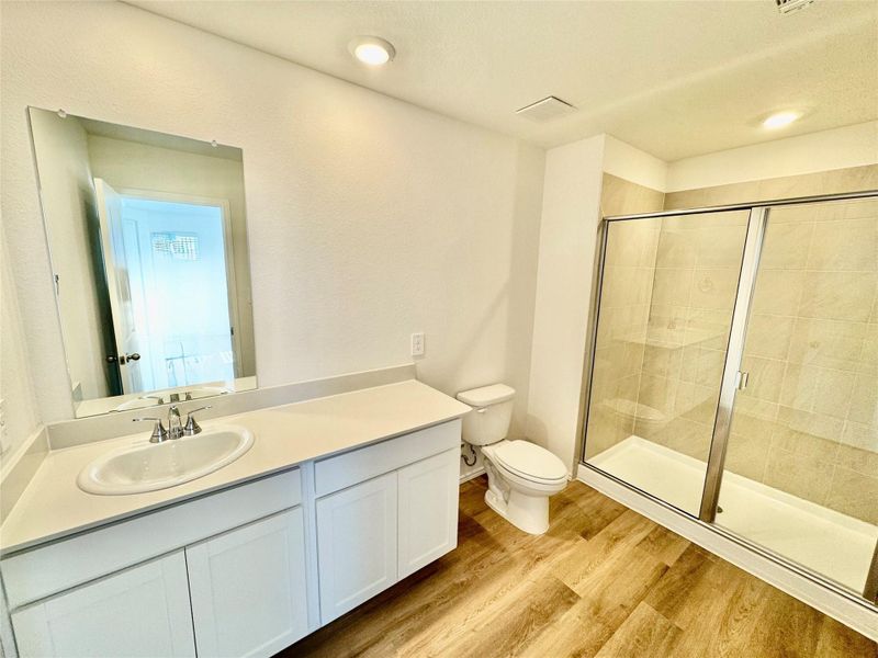 Bathroom with a shower stall, light wood-style floors, and vanity