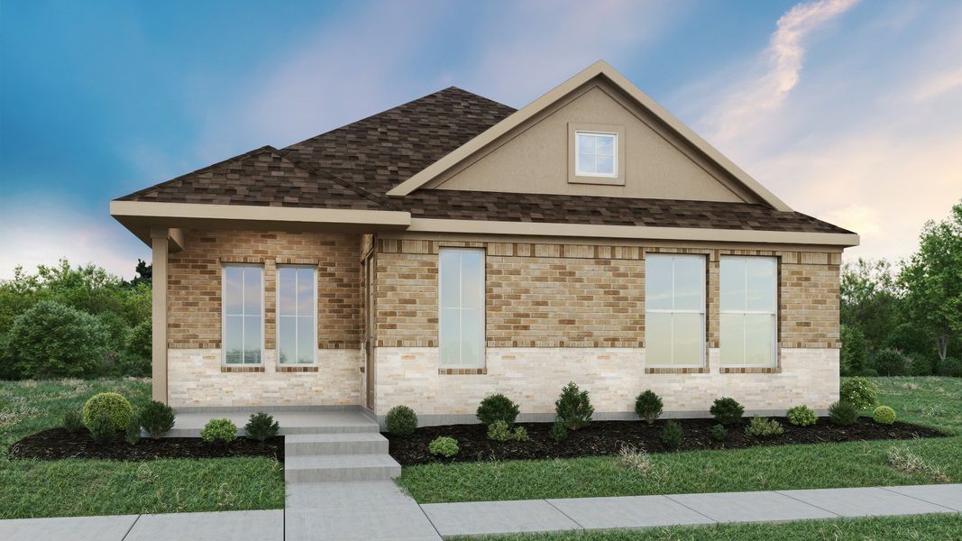 Representative exterior photo of a completed home built from the Austen by DRB Homes in Creeks Crossing, Elgin, TX (Image 6). Representative exterior photo of a completed home built from the Austen by DRB Homes in Creeks Crossing, Elgin, TX (Image 6).