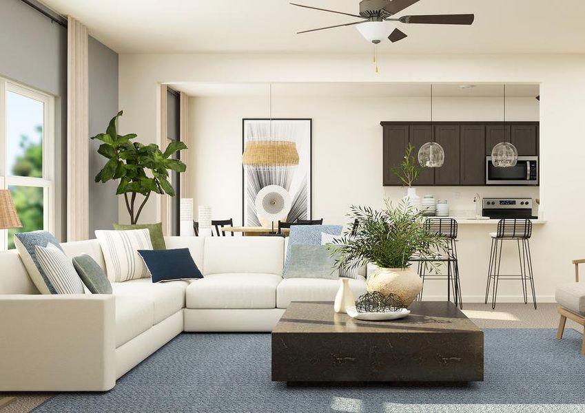 Rendering of the living area featuring
  light colored furniture and view of the kitchen in the background.