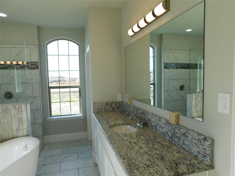 Primary bathroom- featuring vanity, separate shower and tub, and plenty of natural light