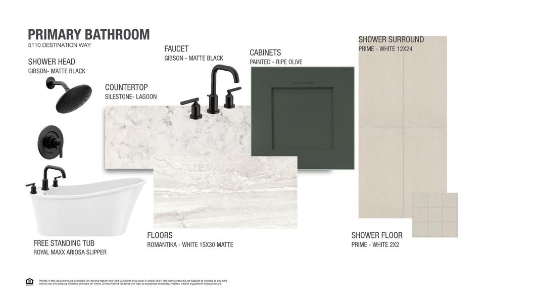 Visualize design selections for a primary bathroom, featuring a freestanding tub and coordinated matte black fixtures.