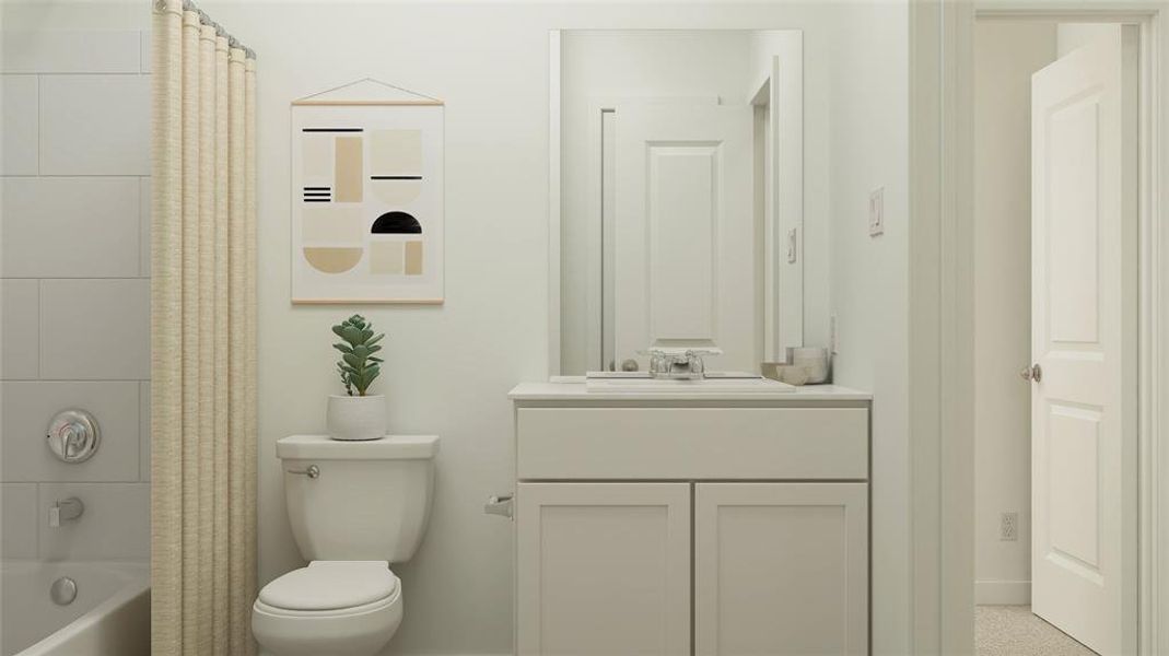 Full bathroom with toilet, shower / tub combo with curtain, and vanity