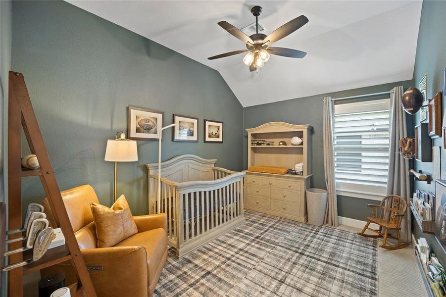 Carpeted bedroom featuring ceiling fan, lofted ceiling, and a nursery area