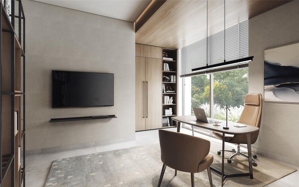 Functional home office design rendering with optimized work space