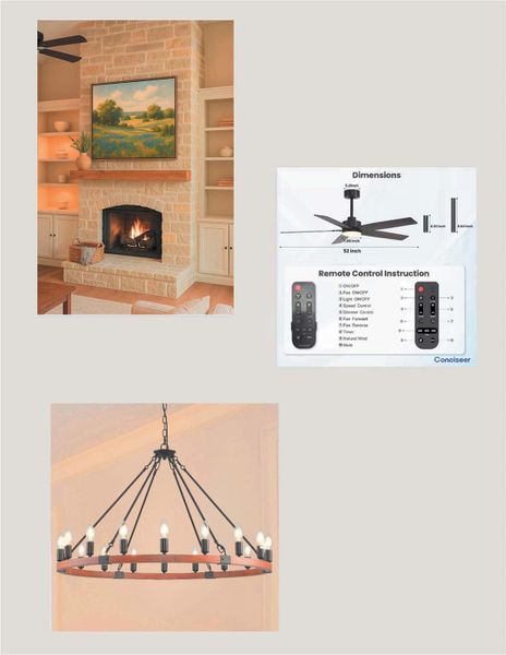 LIVING ROOM & DINING ROOM 1.Tan stone fireplace with wooden mantel 2.Black ceiling fan with remote control 3.Dining room chandelier