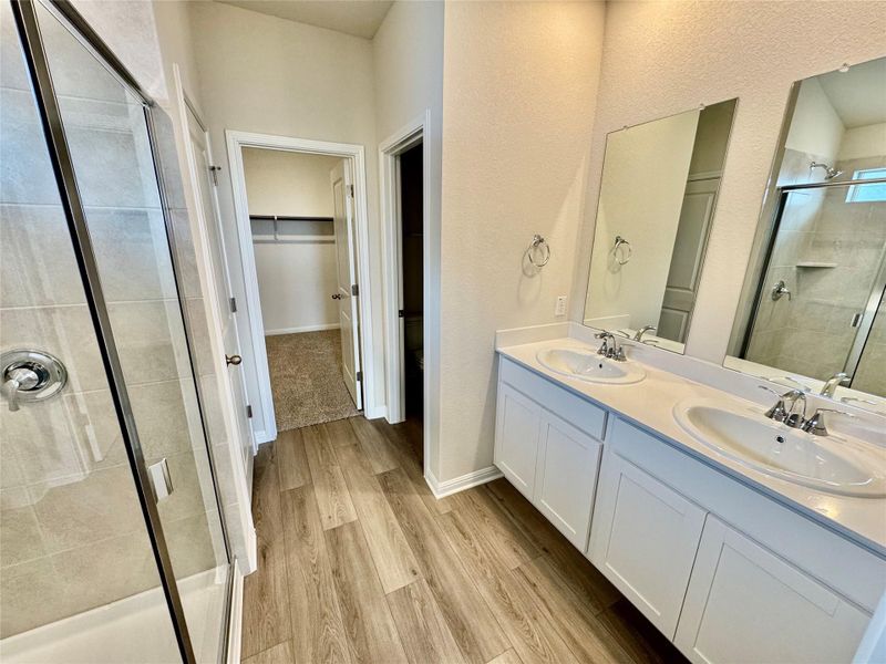 Bathroom featuring a stall shower, double vanity, light wood-style flooring, and a walk in closet Bathroom featuring a stall shower, double vanity, light wood-style flooring, and a walk in closet