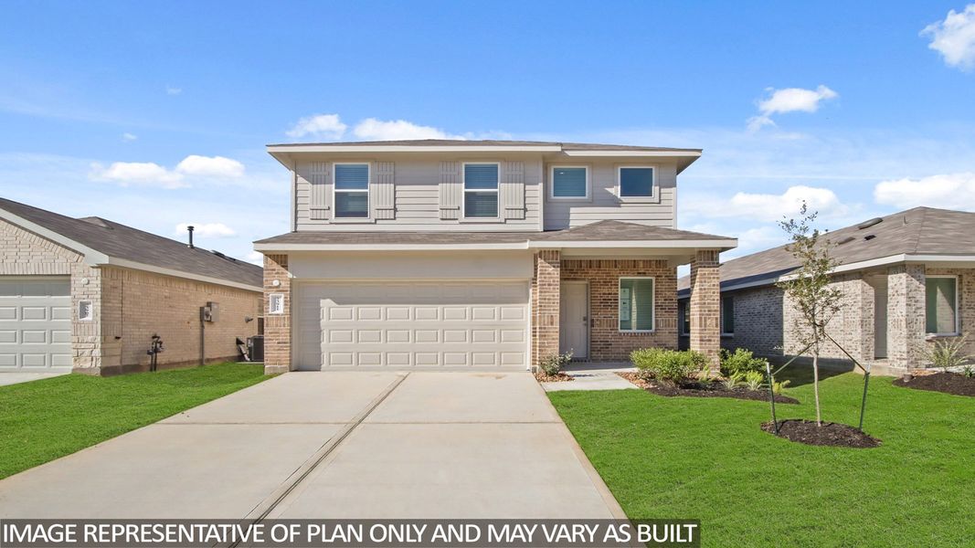 Representative exterior photo of a completed home built from the Madison by D.R. Horton in Maple Woods, Hockley, TX (Image 2). Representative exterior photo of a completed home built from the Madison by D.R. Horton in Maple Woods, Hockley, TX (Image 2).