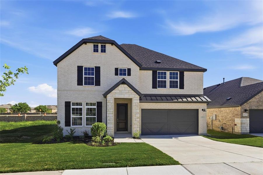 View of front of property featuring brick siding, an attached garage, a front yard, and driveway View of front of property featuring brick siding, an attached garage, a front yard, and driveway