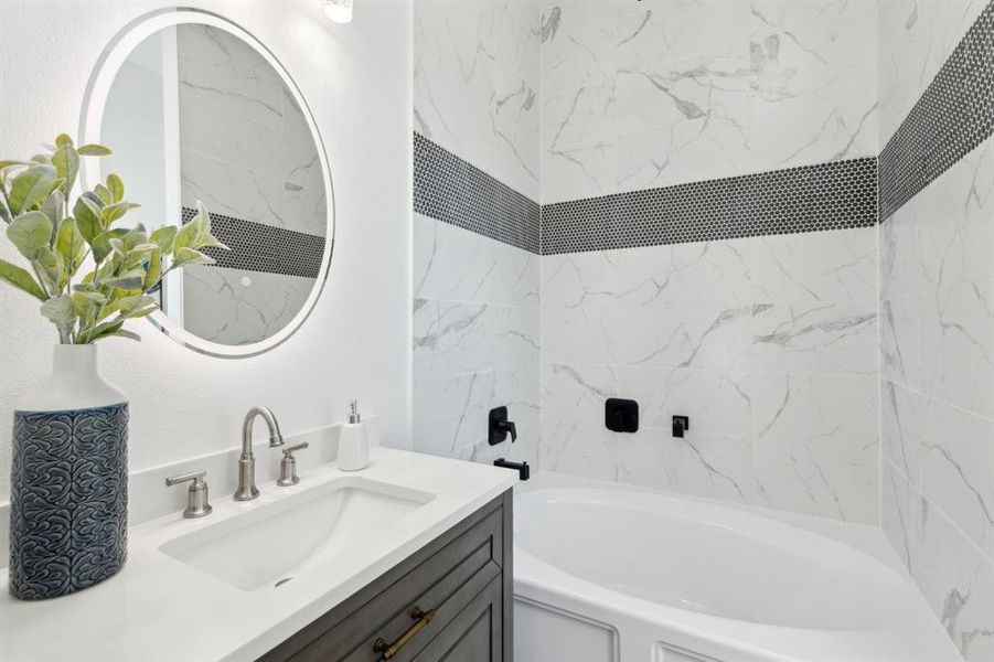 The vanity has a smart mirror The vanity has a smart mirror