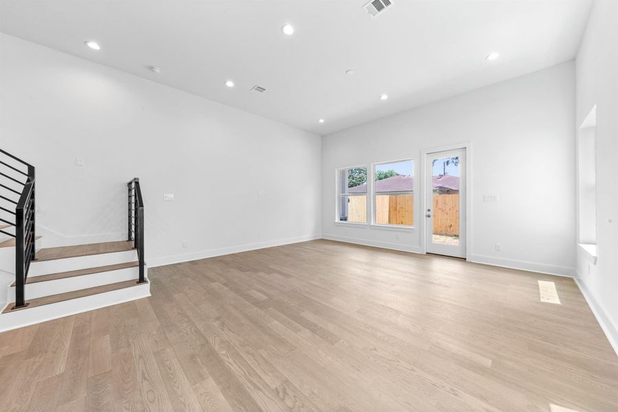 The 12-foot ceilings bring a bold, architectural presence to the room