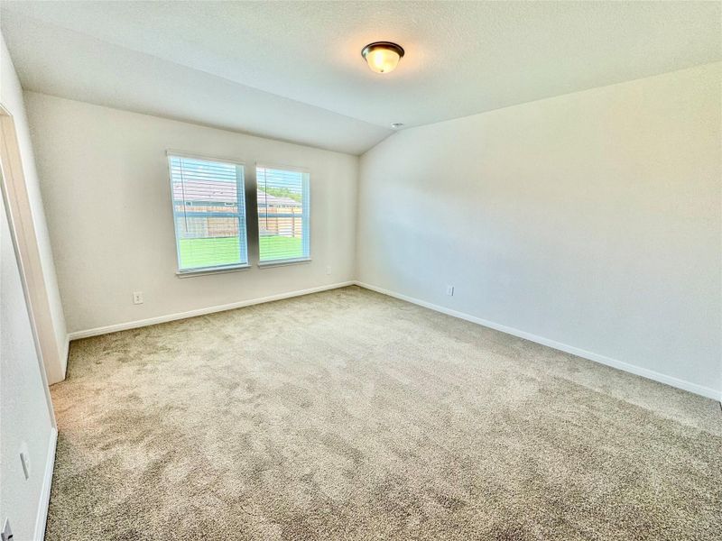Unfurnished room with carpet and vaulted ceiling