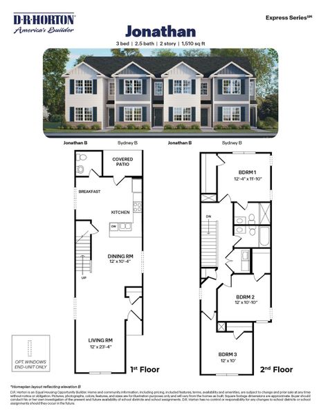 2D floor plan layout for the JONATHAN by D.R. Horton in Thornton Townes, Raleigh, NC (Image 2).