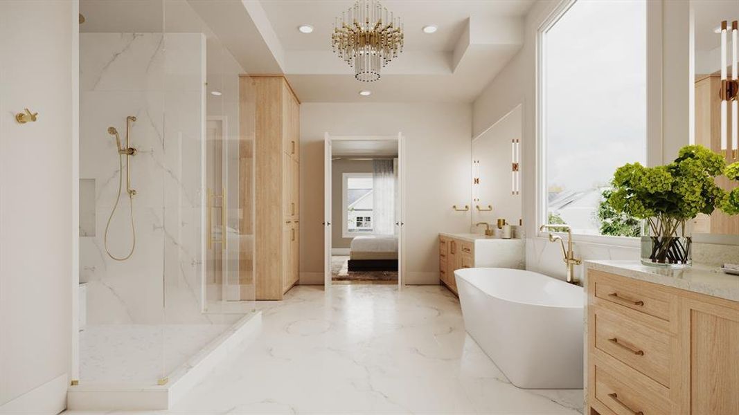 Another view of the Primary Bath with a Stunning Chandelier, Walk-In Shower with Frameless Shower Door, Built-In Seat, Rain Can Shower Head, Wall Mounted Shower Head and a Handheld Shower. There is a Custom made Linen Closet and Two Water Closets.