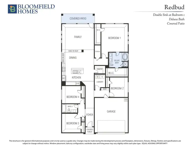 Bloomfield Homes Redbud floor plan with four bedrooms, deluxe bath, covered patio, and garage on a single story.