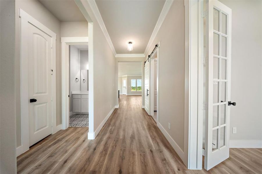 Hall featuring a barn door, wood finished floors, and crown molding Hall featuring a barn door, wood finished floors, and crown molding
