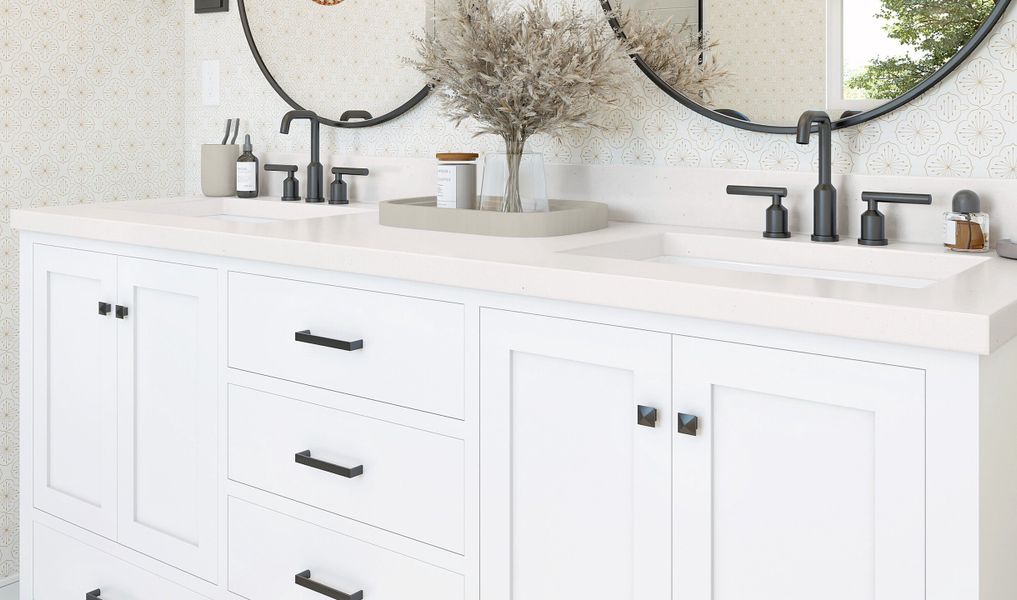 Primary bath vanity with storage and matte black handles