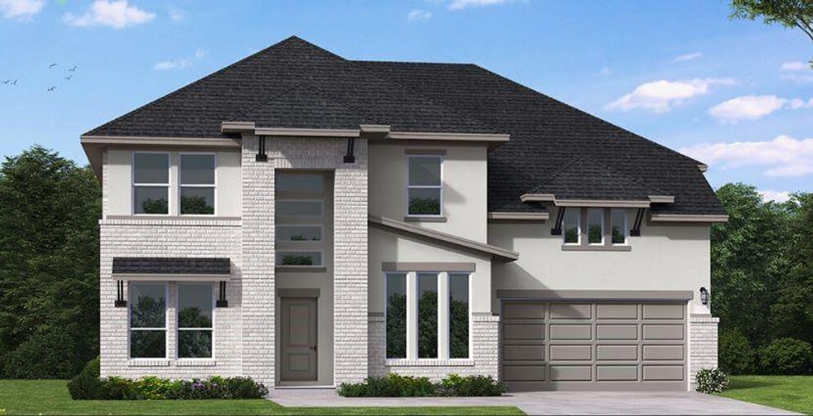 Front exterior of a new home in Westwood, League City, TX, highlighting curb appeal (Image 1).