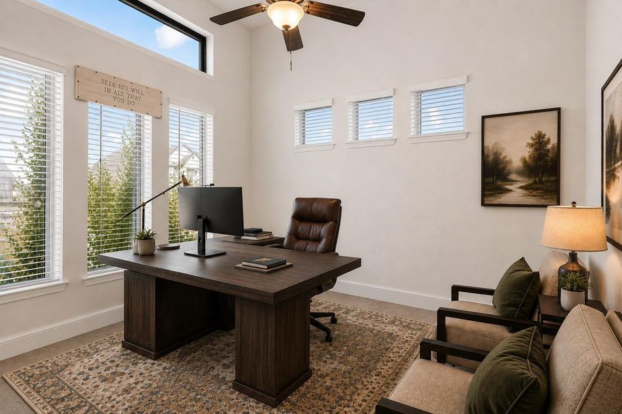 Spacious study/office den with ample natural light and high ceilings- Photo has been virtually altered to help viewer with perspective