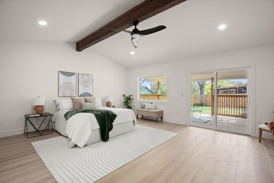 Bedroom with recessed lighting, access to exterior, beam ceiling, light wood-type flooring, and ceiling fan