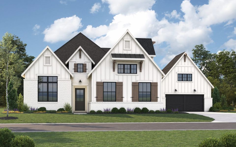 Representative exterior photo of a completed home built from the 6022 by Tradition Homes in Mustang Lakes, McKinney, TX (Image 5). Representative exterior photo of a completed home built from the 6022 by Tradition Homes in Mustang Lakes, McKinney, TX (Image 5).
