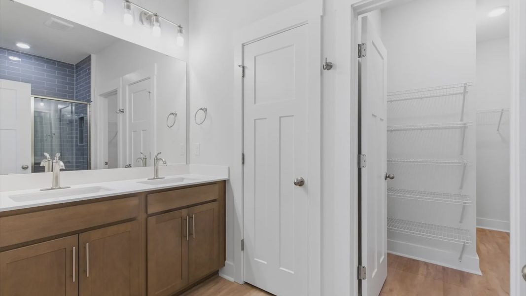 Contemporary primary bath with generous counter space, clean lines, and dual vanities located in Greenville, SC