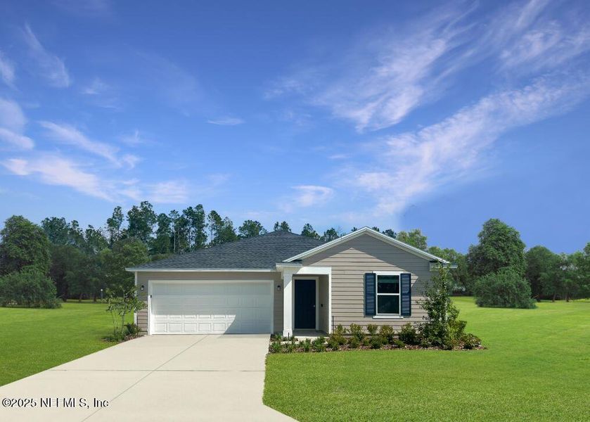 Front exterior of a new home in Holstein Crossing: Holstein Crossing 50s, Green Cove Springs, FL, highlighting curb appeal (Image 1). Front exterior of a new home in Holstein Crossing: Holstein Crossing 50s, Green Cove Springs, FL, highlighting curb appeal (Image 1).